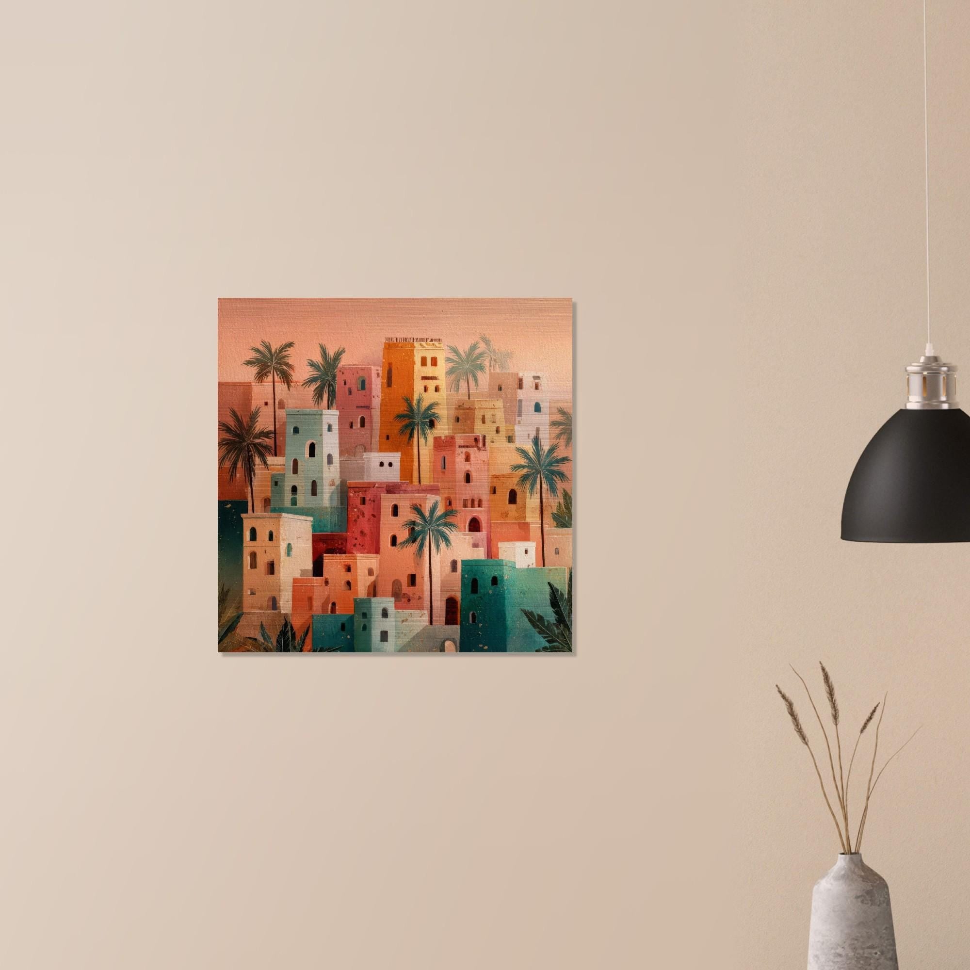 Morocco - Desert Folk Art Aluminum Print | Sun-Baked Village Scene | Unique North African Wall Decor | Brushed Silver Metallic Finish
