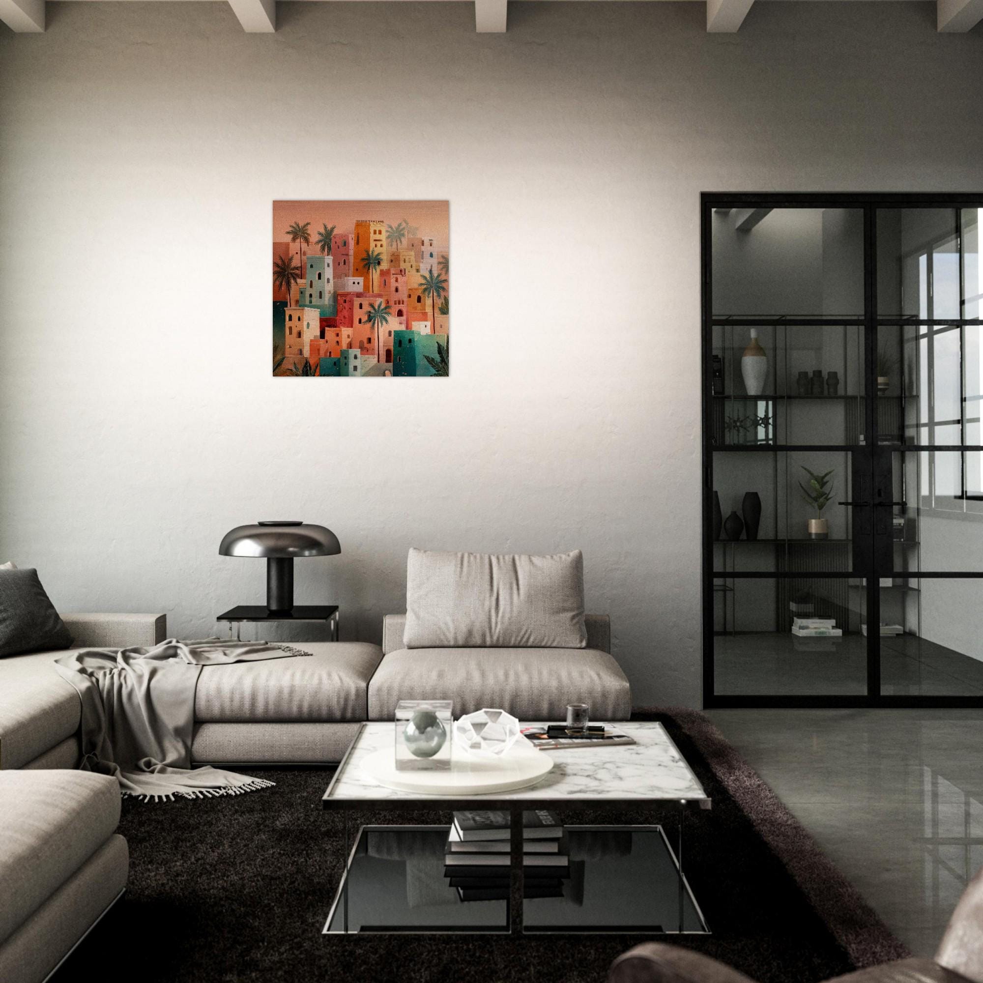Morocco - Desert Folk Art Aluminum Print | Sun-Baked Village Scene | Unique North African Wall Decor | Brushed Silver Metallic Finish