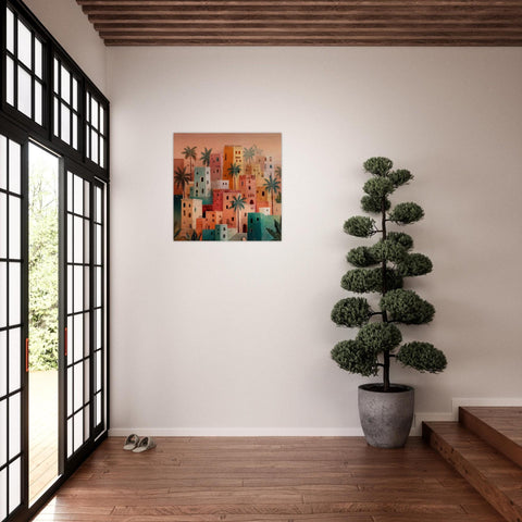 Morocco - Desert Folk Art Aluminum Print | Sun-Baked Village Scene | Unique North African Wall Decor | Brushed Silver Metallic Finish