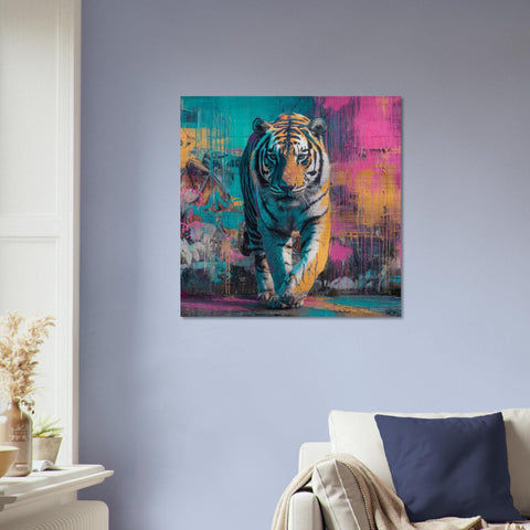 Advancing — Neon Graffiti Tiger on Brushed Aluminum | Brushed Metal Wall Art | Modern Home Decor