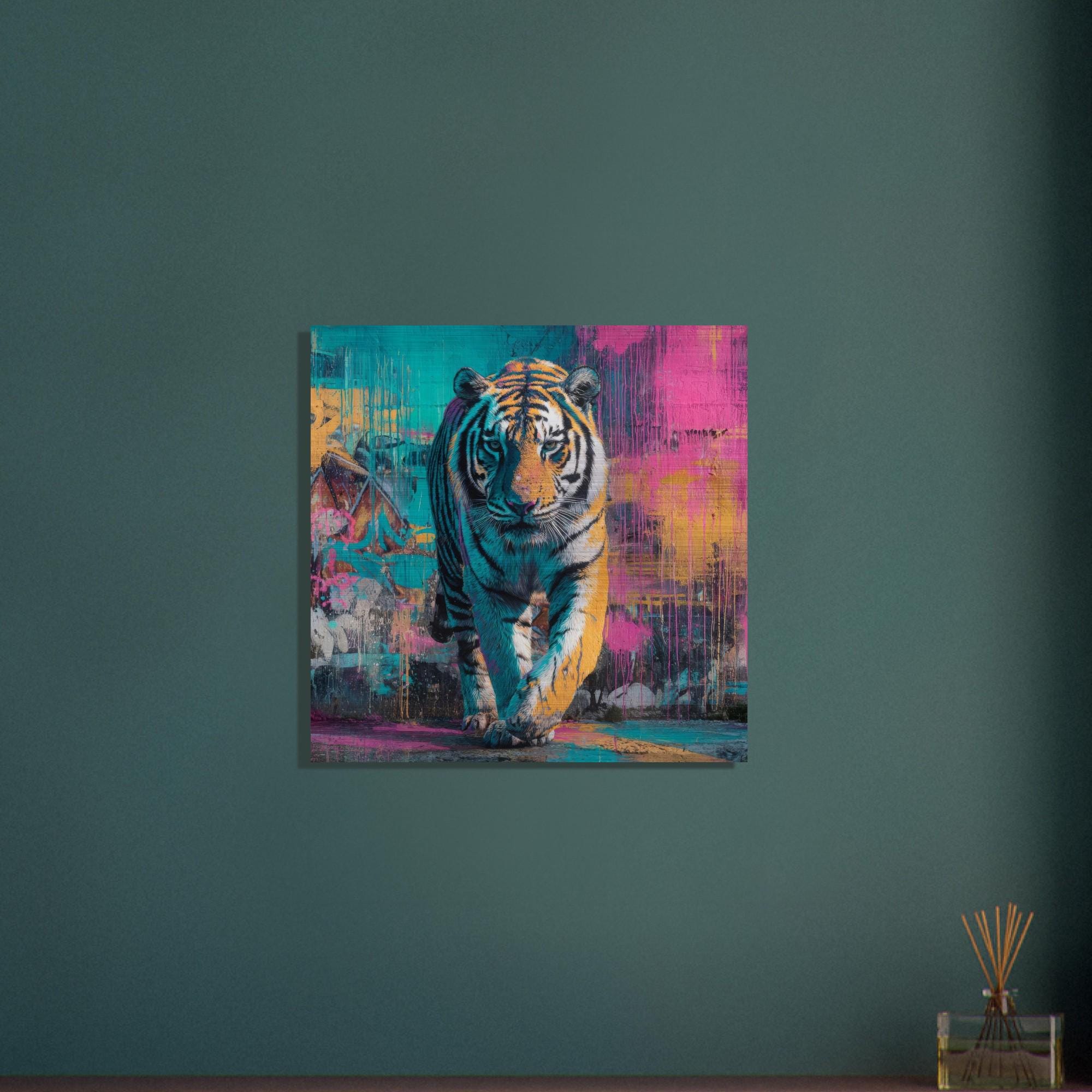 Advancing — Neon Graffiti Tiger on Brushed Aluminum | Brushed Metal Wall Art | Modern Home Decor