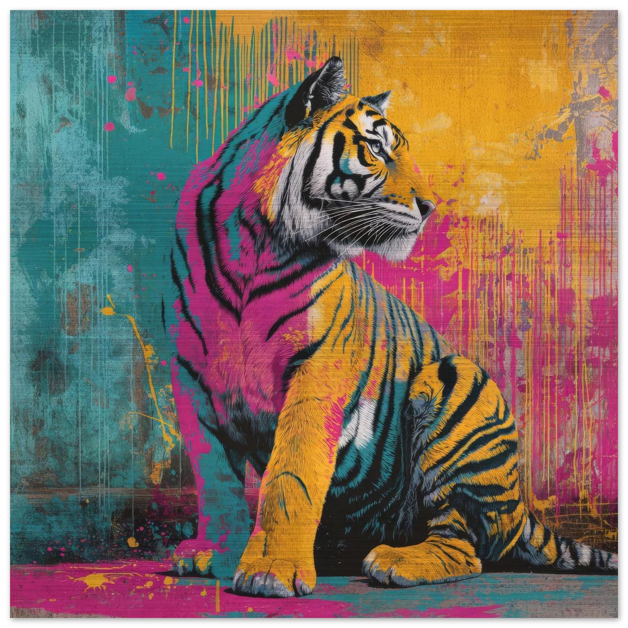 Poised — Neon Graffiti Tiger on Brushed Aluminum | Vibrant Graffiti Tiger Art | Industrial Chic Home Decor