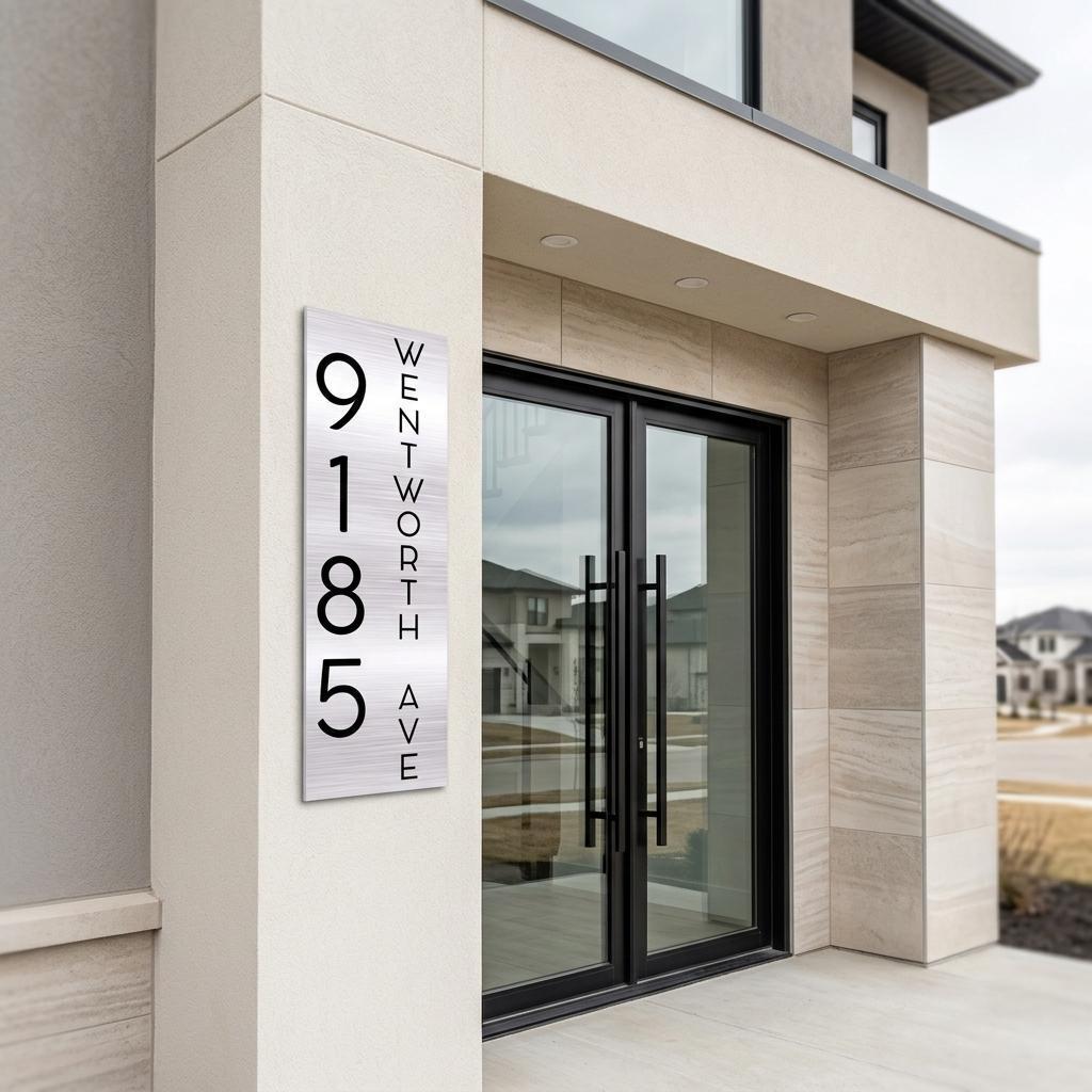Custom 8x24 Wentworth Vertical Address Sign | Brushed Aluminum House Number Plaque | Modern Architectural | Personalized Metal Sign