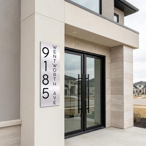Custom 8x24 Wentworth Vertical Address Sign | Brushed Aluminum House Number Plaque | Modern Architectural | Personalized Metal Sign
