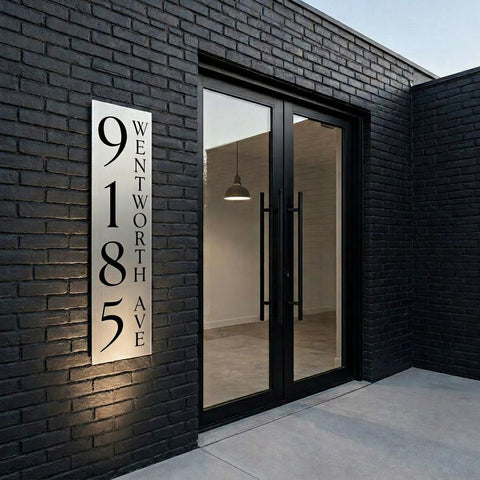 Custom 8x24 Wentworth Vertical Address Sign | Brushed Aluminum House Number Plaque | Modern Architectural | Personalized Metal Sign