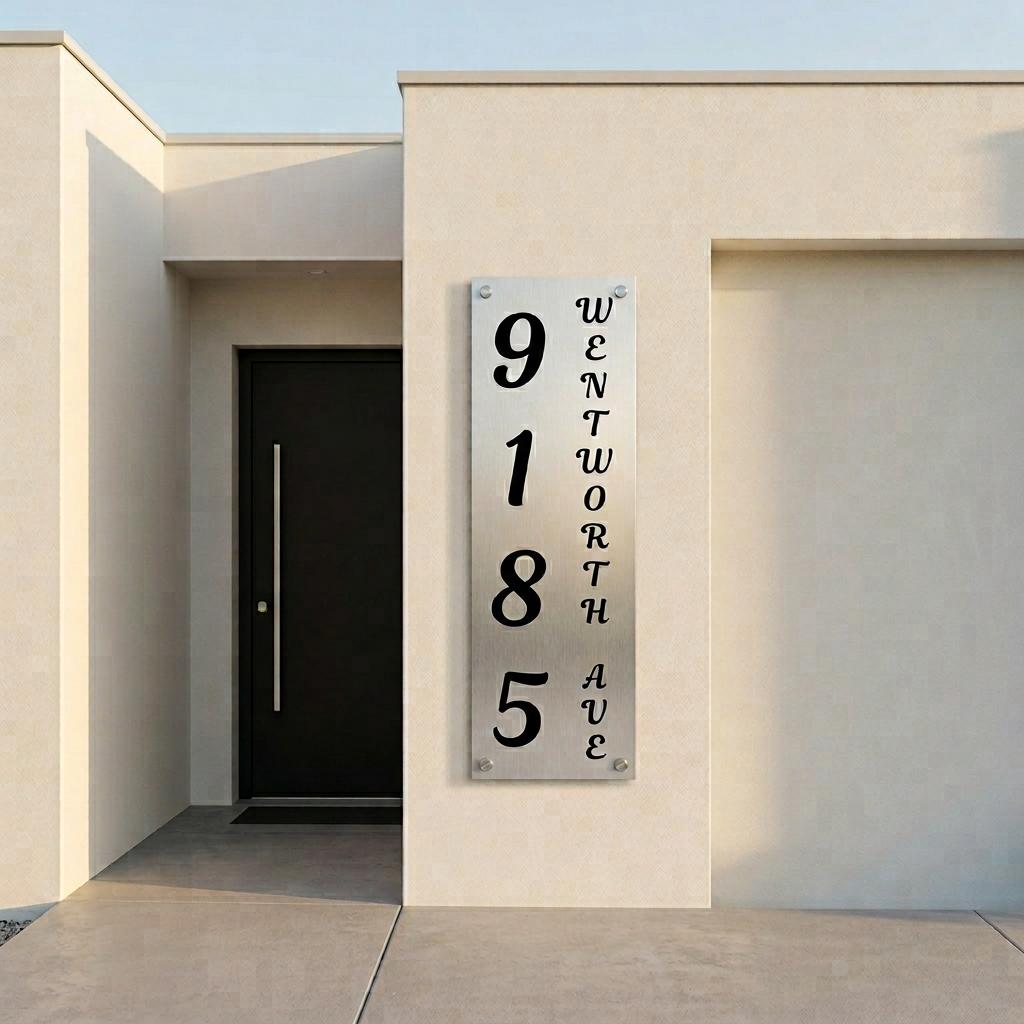 Custom 8x24 Wentworth Vertical Address Sign | Brushed Aluminum House Number Plaque | Modern Architectural | Personalized Metal Sign