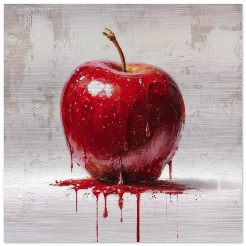 Industrial Orchard: Red Apple Drip on Brushed Aluminum Print - Bold Statement Art for Kitchens & Lofts | Gallery-Ready Wall Decor