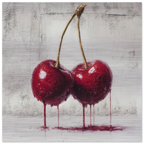 Industrial Orchard: Red Cherry Drip Art on Aluminum | Modern Fruit Art | Brushed Silver Metal Wall Decor | Contemporary Kitchen Art