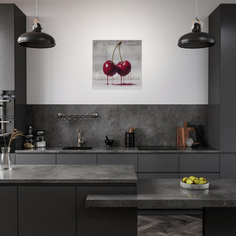 Industrial Orchard: Red Cherry Drip Art on Aluminum | Modern Fruit Art | Brushed Silver Metal Wall Decor | Contemporary Kitchen Art