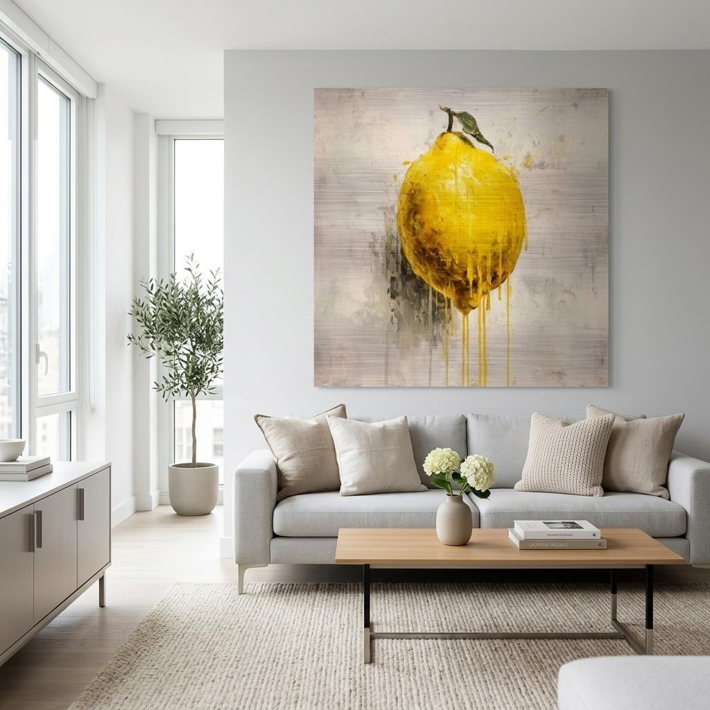 Industrial Orchard: Citrus Lemon Drip Art on Aluminum Print - Modern Kitchen Art, Contemporary Fresh Fruit Print, Brushed Silver Metal Art