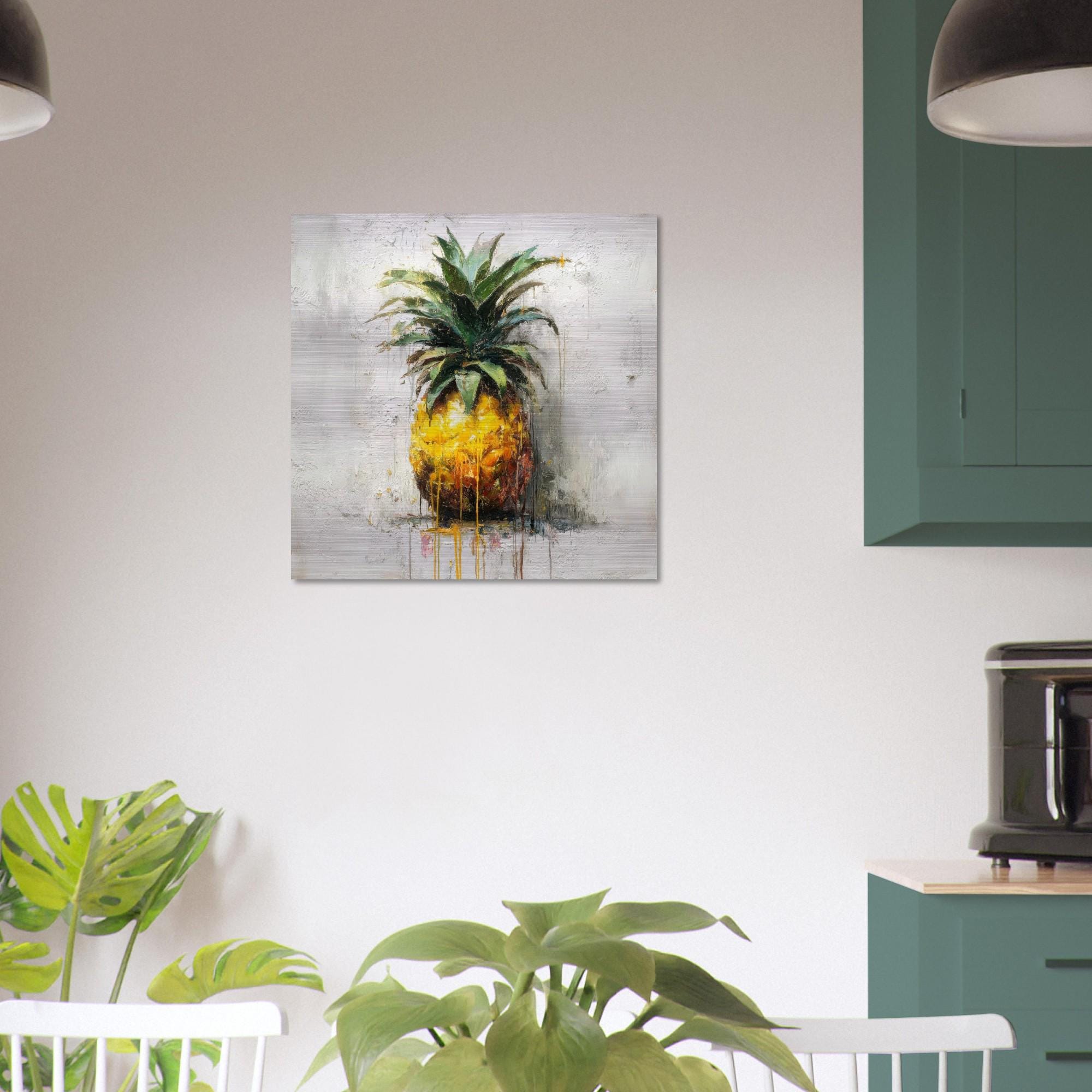 Industrial Orchard: Tropical Pineapple Drip Art on Aluminum Print | Modern Kitchen Art | Brushed Silver Wall Decor | Contemporary Fruit Art