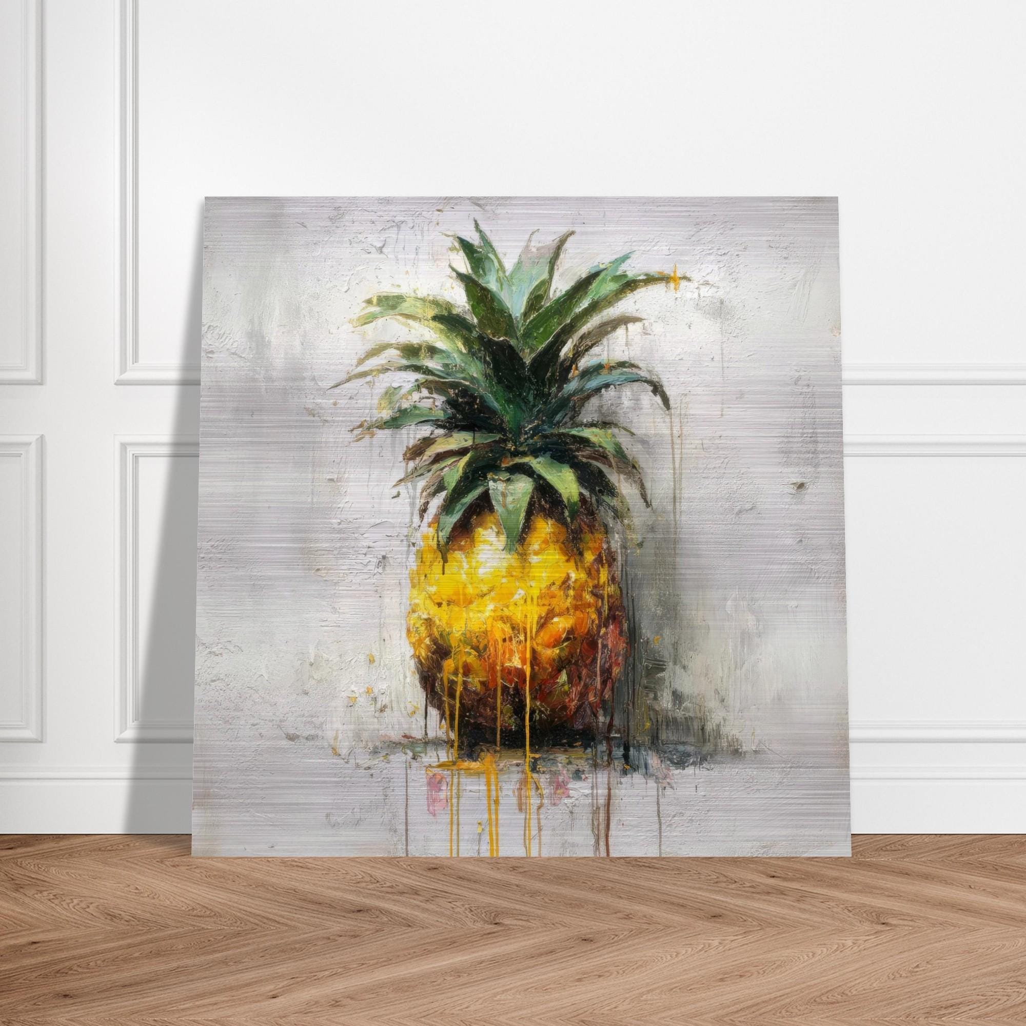 Industrial Orchard: Tropical Pineapple Drip Art on Aluminum Print | Modern Kitchen Art | Brushed Silver Wall Decor | Contemporary Fruit Art