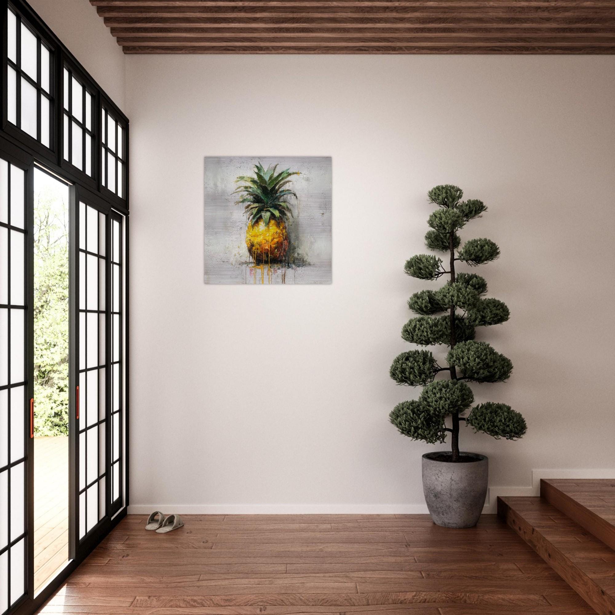 Industrial Orchard: Tropical Pineapple Drip Art on Aluminum Print | Modern Kitchen Art | Brushed Silver Wall Decor | Contemporary Fruit Art