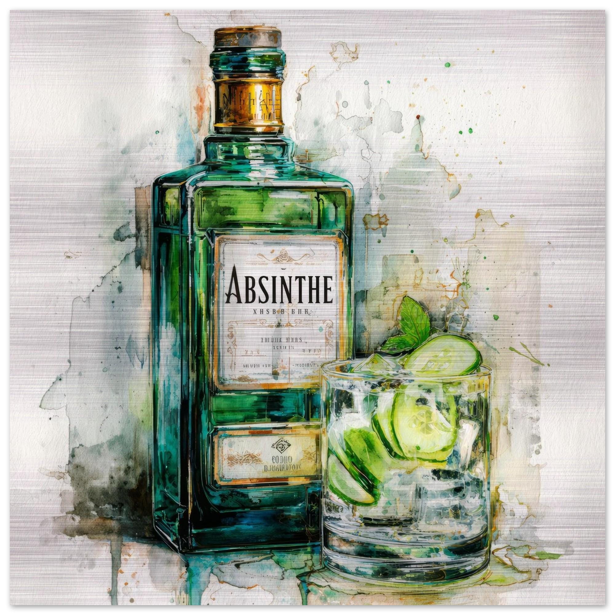Absinthe Glow - A Spirited Collection Aluminum Art Print Modern Watercolor Vintage Bar Decor | Brushed Metal Wall Art Gift for Spirit Lovers