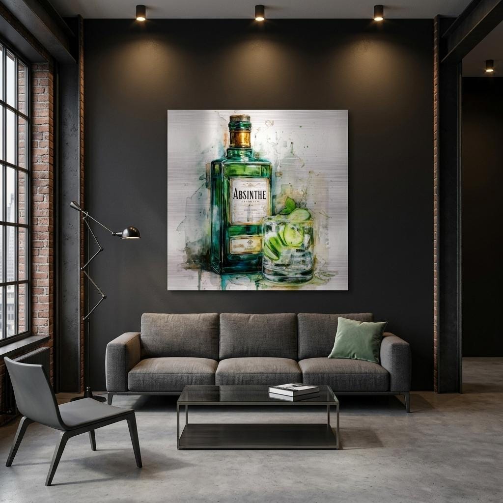 Absinthe Glow - A Spirited Collection Aluminum Art Print Modern Watercolor Vintage Bar Decor | Brushed Metal Wall Art Gift for Spirit Lovers