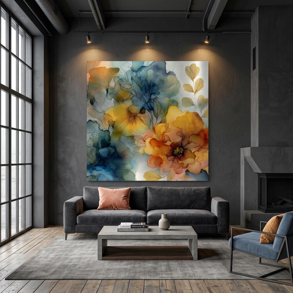 Ochre Current Brushed Aluminum Print Luminous Gold & Indigo Modern Floral Art | Textured Metallic Wall Decor | Unique Art Gift