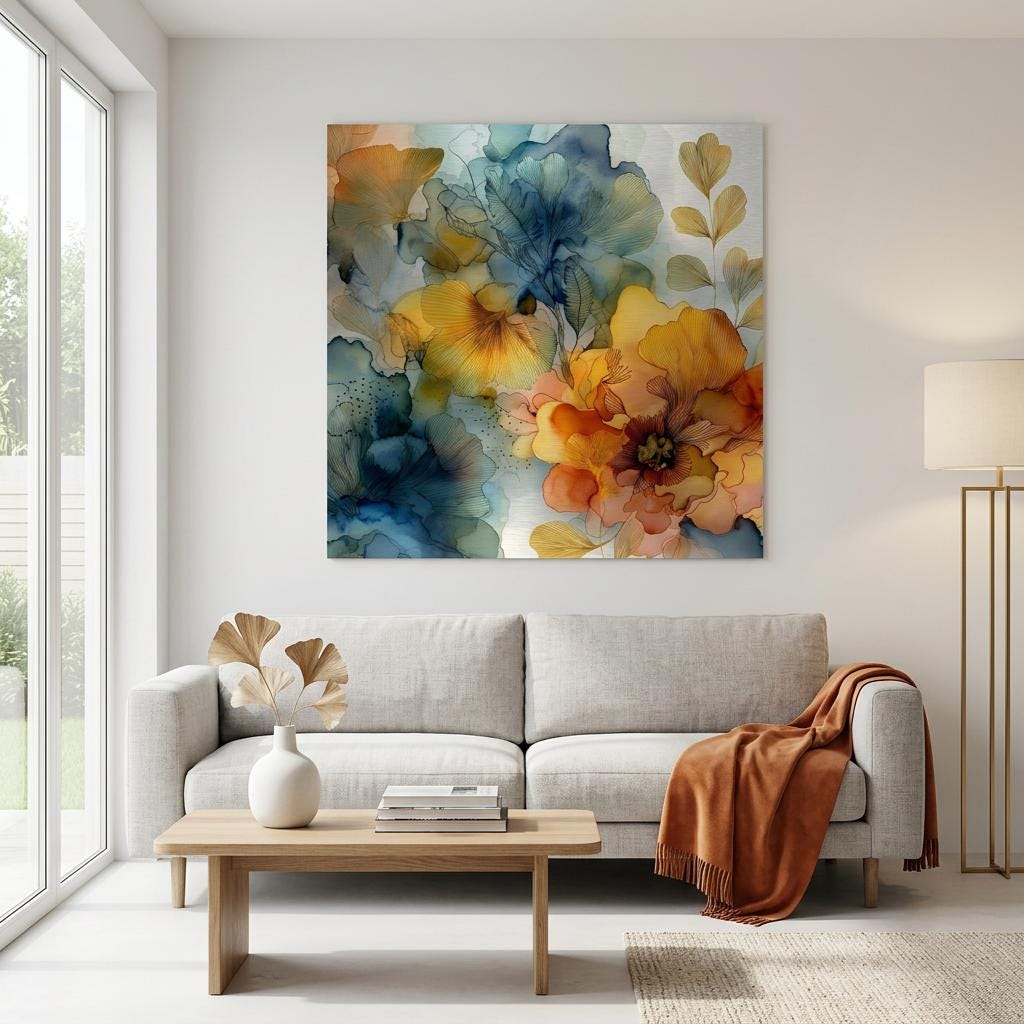 Ochre Current Brushed Aluminum Print Luminous Gold & Indigo Modern Floral Art | Textured Metallic Wall Decor | Unique Art Gift
