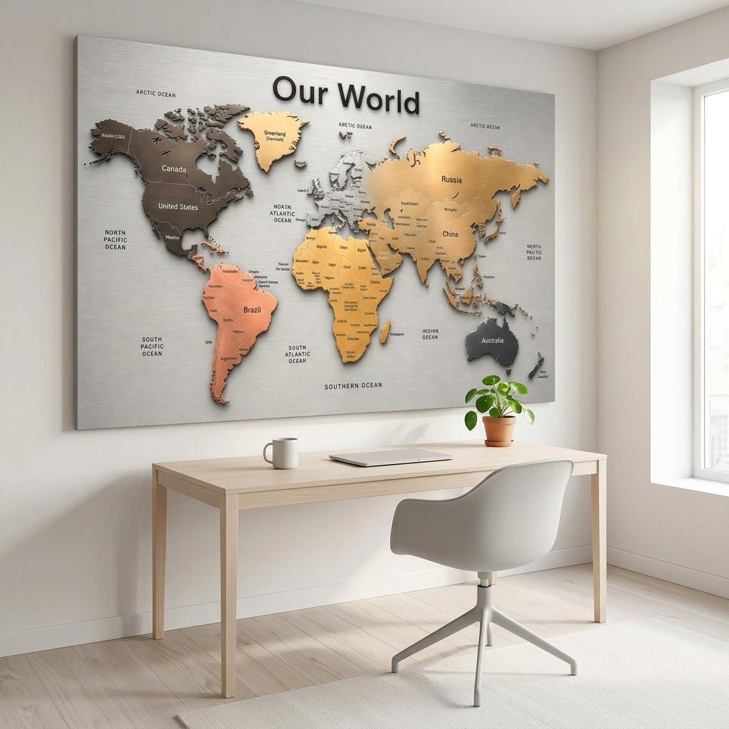 Our World – Metallic Edition | 28×40 Panoramic Brushed Aluminum Map Silver Metal Art | Modern World Map Wall Decor | Unique Home Accent