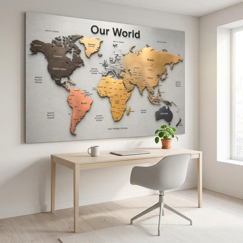 Our World – Metallic Edition | 28×40 Panoramic Brushed Aluminum Map Silver Metal Art | Modern World Map Wall Decor | Unique Home Accent