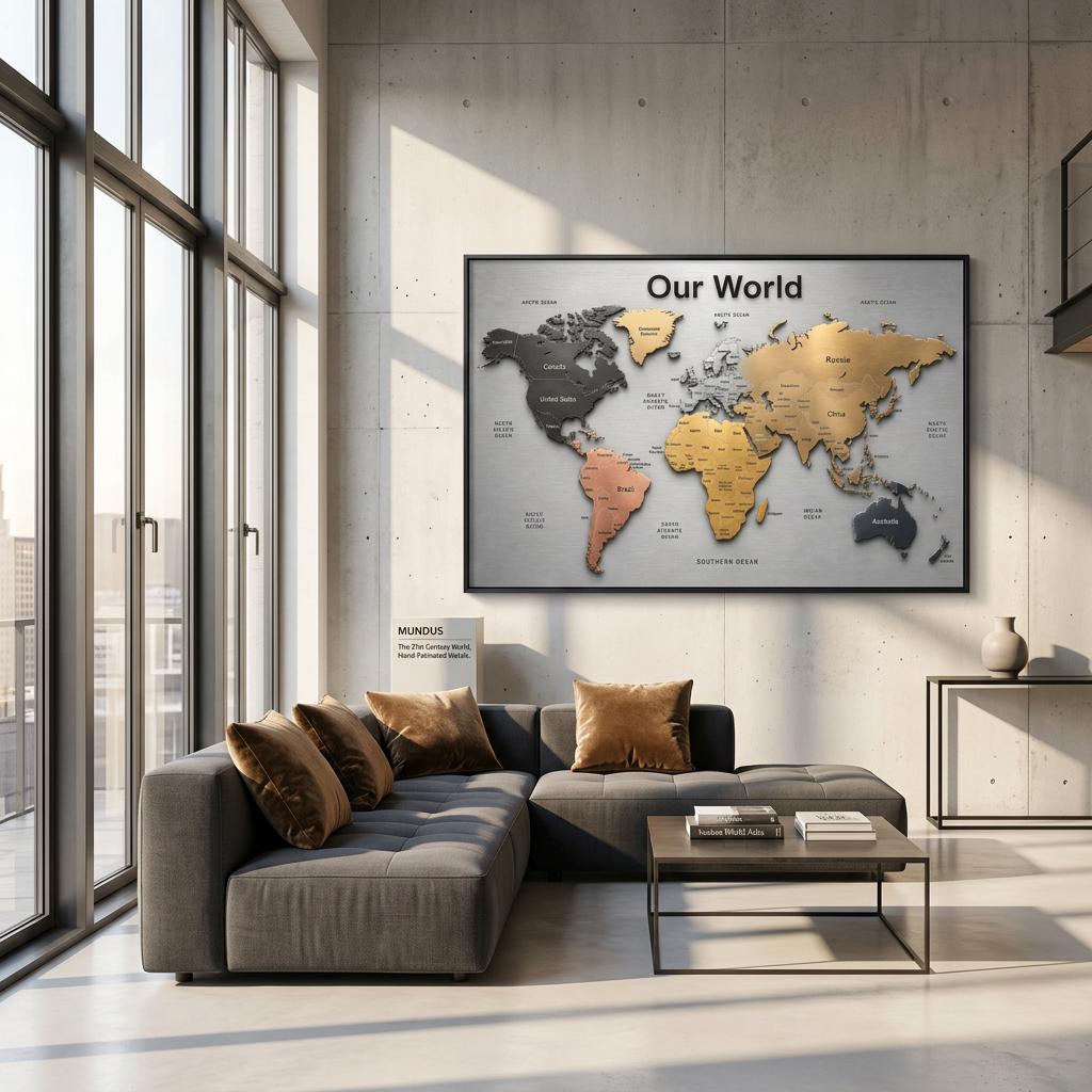 Our World – Metallic Edition | 28×40 Panoramic Brushed Aluminum Map Silver Metal Art | Modern World Map Wall Decor | Unique Home Accent