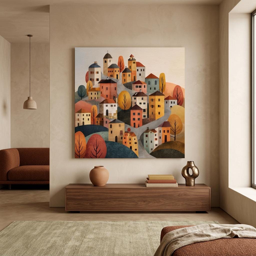 Tuscany Village - Rolling Hills Art | Modern Italy Landscape | Brushed Silver Metal Wall Art | Handmade Home Decor Gift