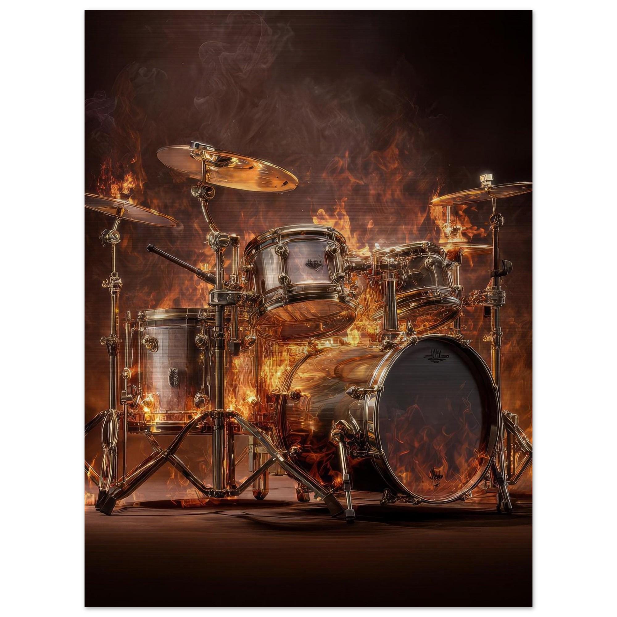 Pulsating Embers - Drum Set Aluminum Print | Fiery Rhythm Art | Modern Industrial Decor Gift