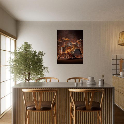 Pulsating Embers - Drum Set Aluminum Print | Fiery Rhythm Art | Modern Industrial Decor Gift