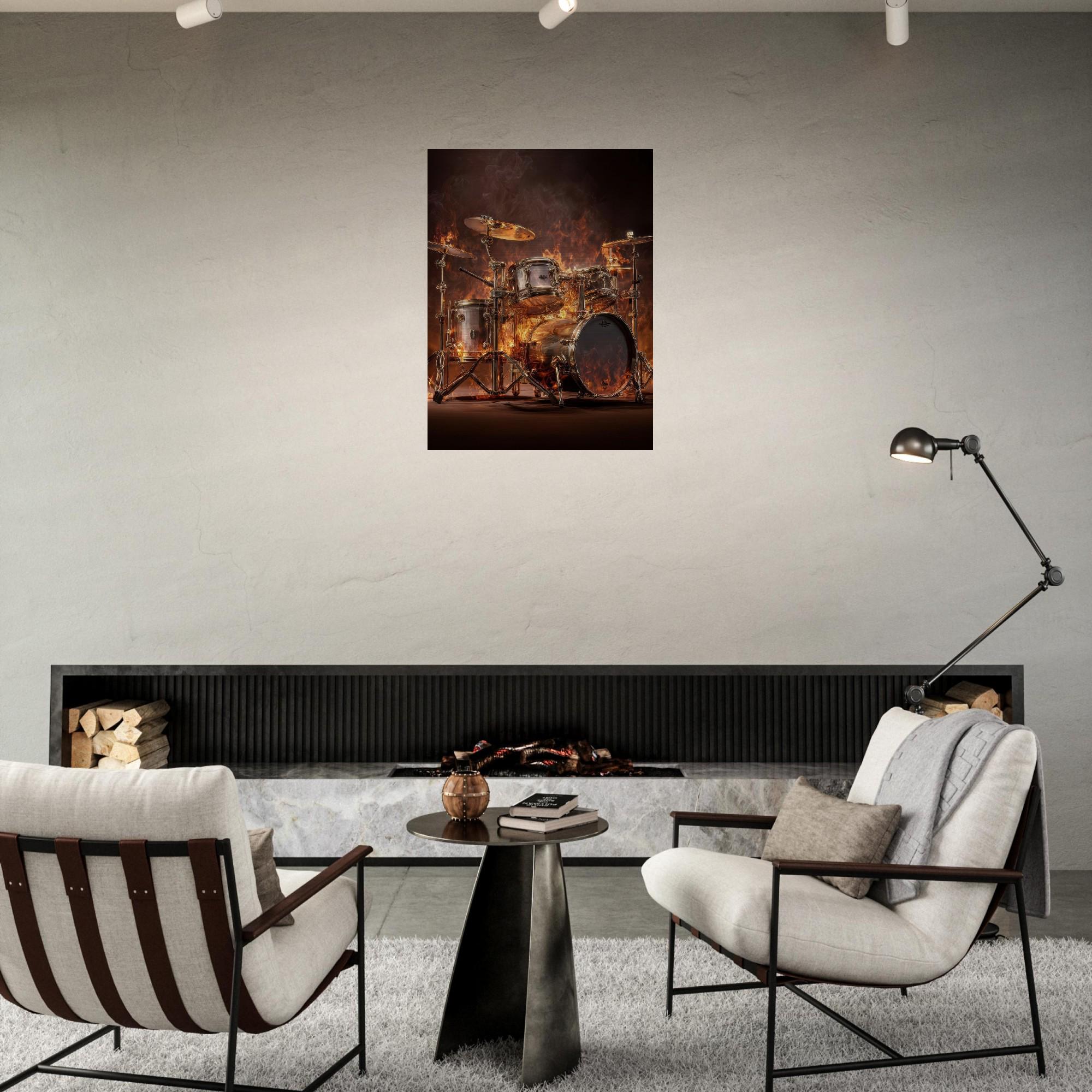 Pulsating Embers - Drum Set Aluminum Print | Fiery Rhythm Art | Modern Industrial Decor Gift
