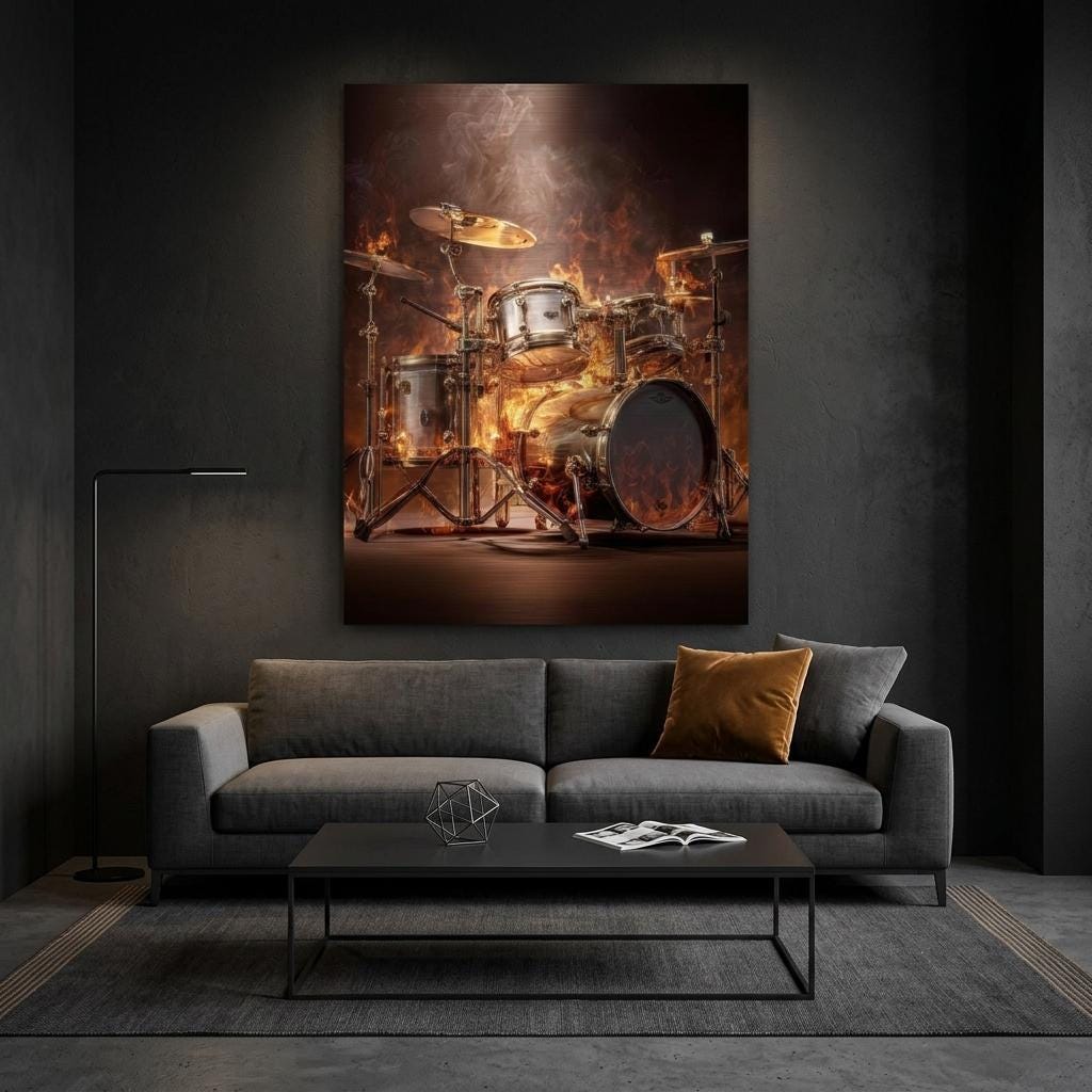 Pulsating Embers - Drum Set Aluminum Print | Fiery Rhythm Art | Modern Industrial Decor Gift