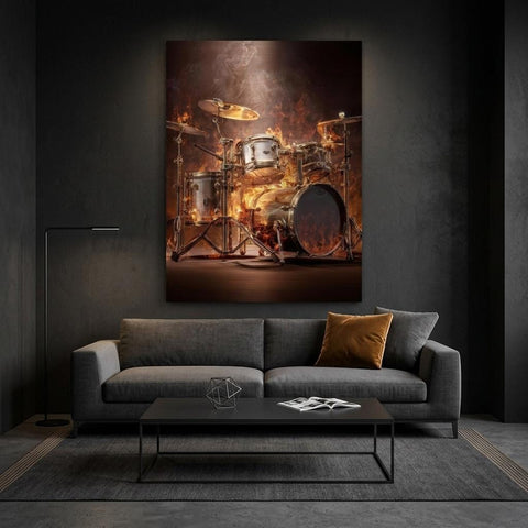 Pulsating Embers - Drum Set Aluminum Print | Fiery Rhythm Art | Modern Industrial Decor Gift