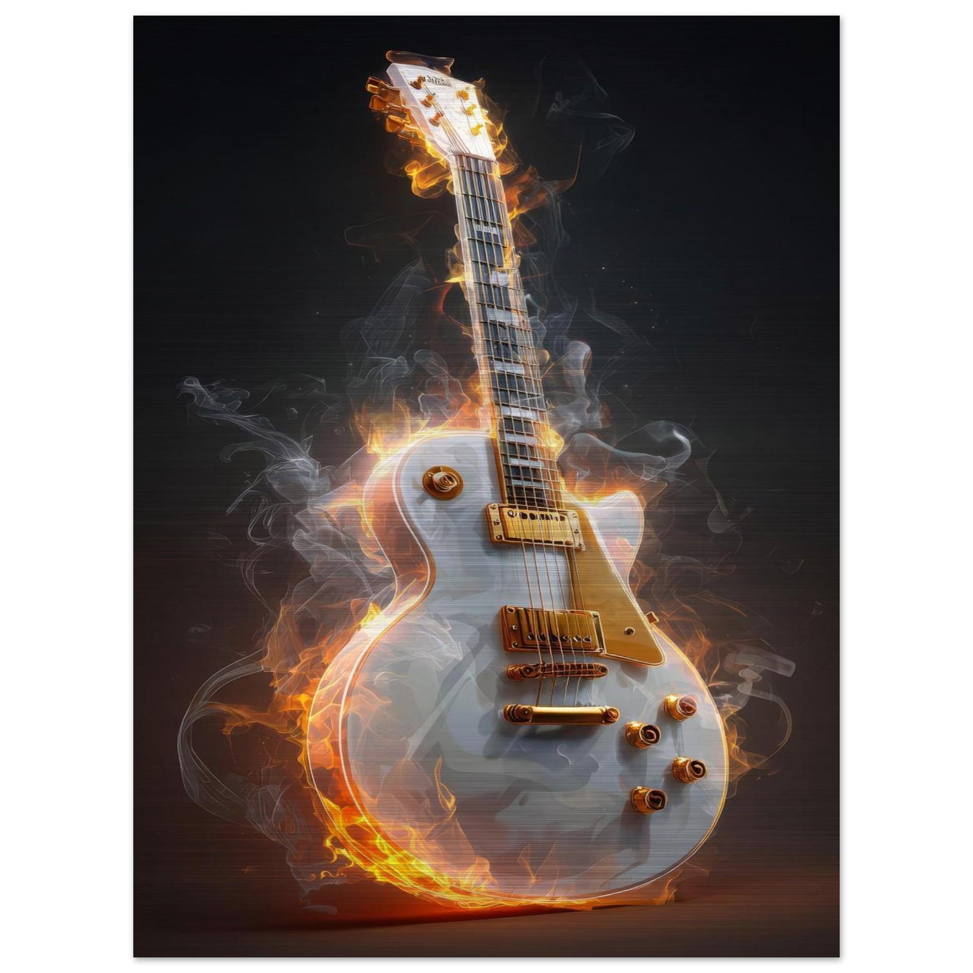 Blazing Strings - Aluminum Print | Fiery Guitar Art | Modern Industrial Home Decor | Unique Music Gift