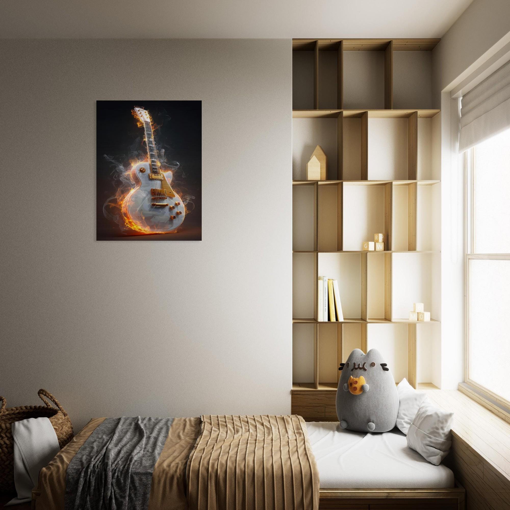 Blazing Strings - Aluminum Print | Fiery Guitar Art | Modern Industrial Home Decor | Unique Music Gift