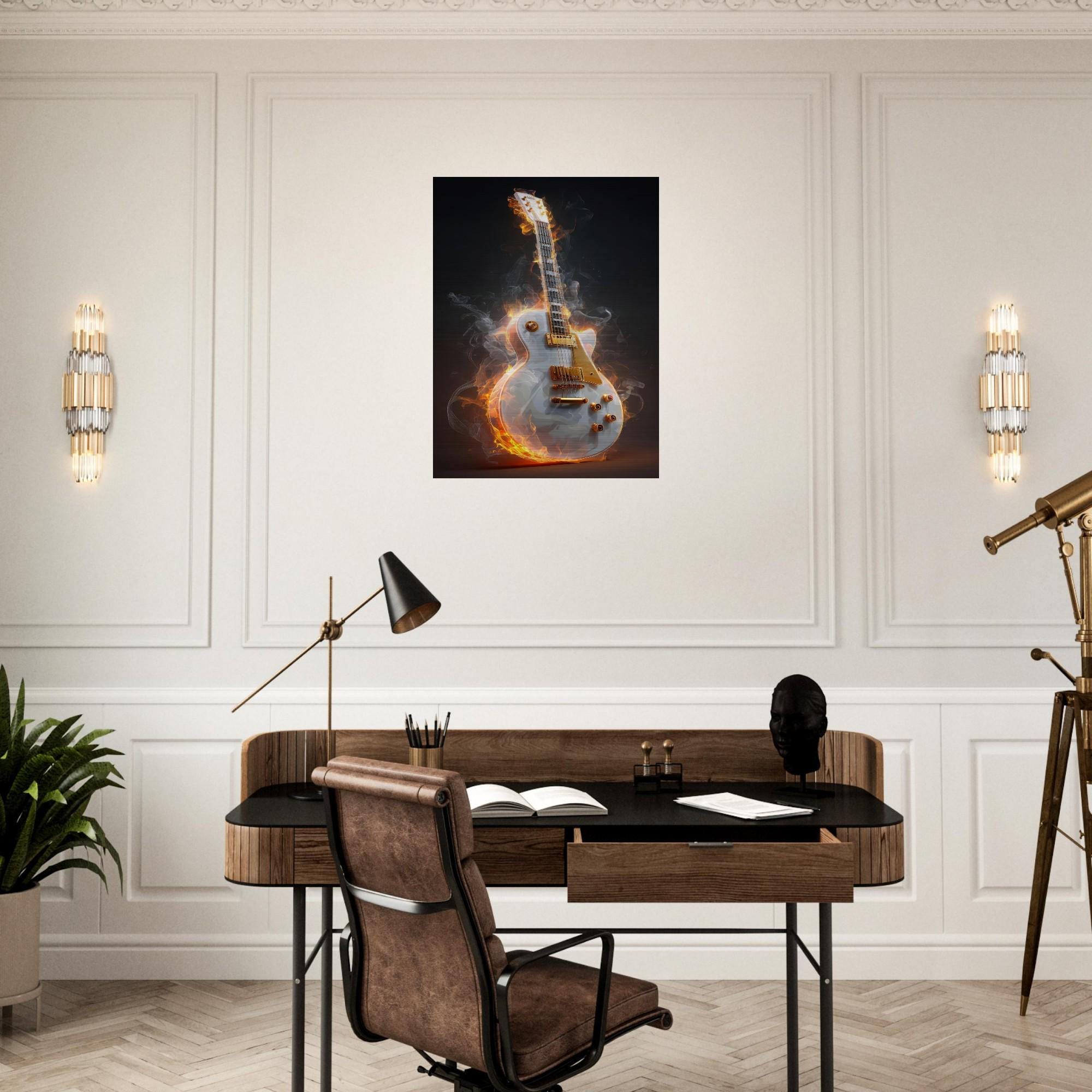 Blazing Strings - Aluminum Print | Fiery Guitar Art | Modern Industrial Home Decor | Unique Music Gift