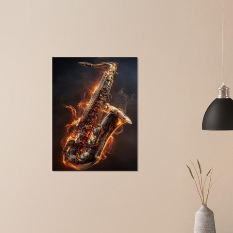 Igniting Brass - Saxophone Aluminum Print | Fire & Music Wall Art | Modern Industrial Decor | Gift for Musician