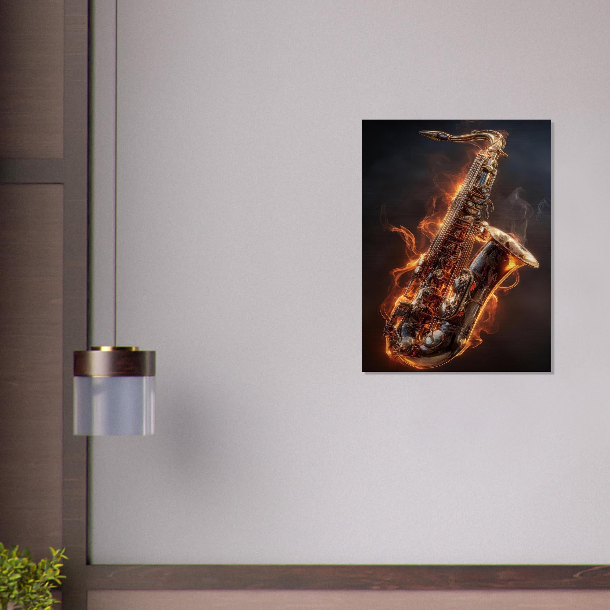 Igniting Brass - Saxophone Aluminum Print | Fire & Music Wall Art | Modern Industrial Decor | Gift for Musician