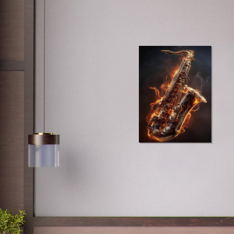Igniting Brass - Saxophone Aluminum Print | Fire & Music Wall Art | Modern Industrial Decor | Gift for Musician