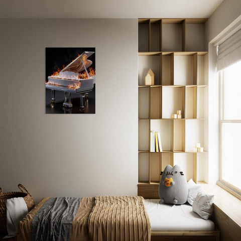 Scorching Keys - Aluminum Print | Fiery Grand Piano Art | The Burning Notes Collection | Modern Industrial Decor | Unique Wall Art Gift
