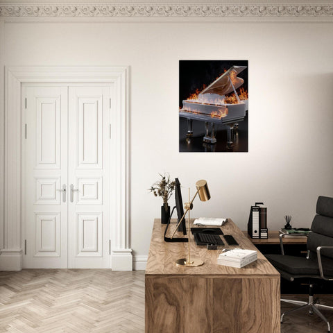 Scorching Keys - Aluminum Print | Fiery Grand Piano Art | The Burning Notes Collection | Modern Industrial Decor | Unique Wall Art Gift