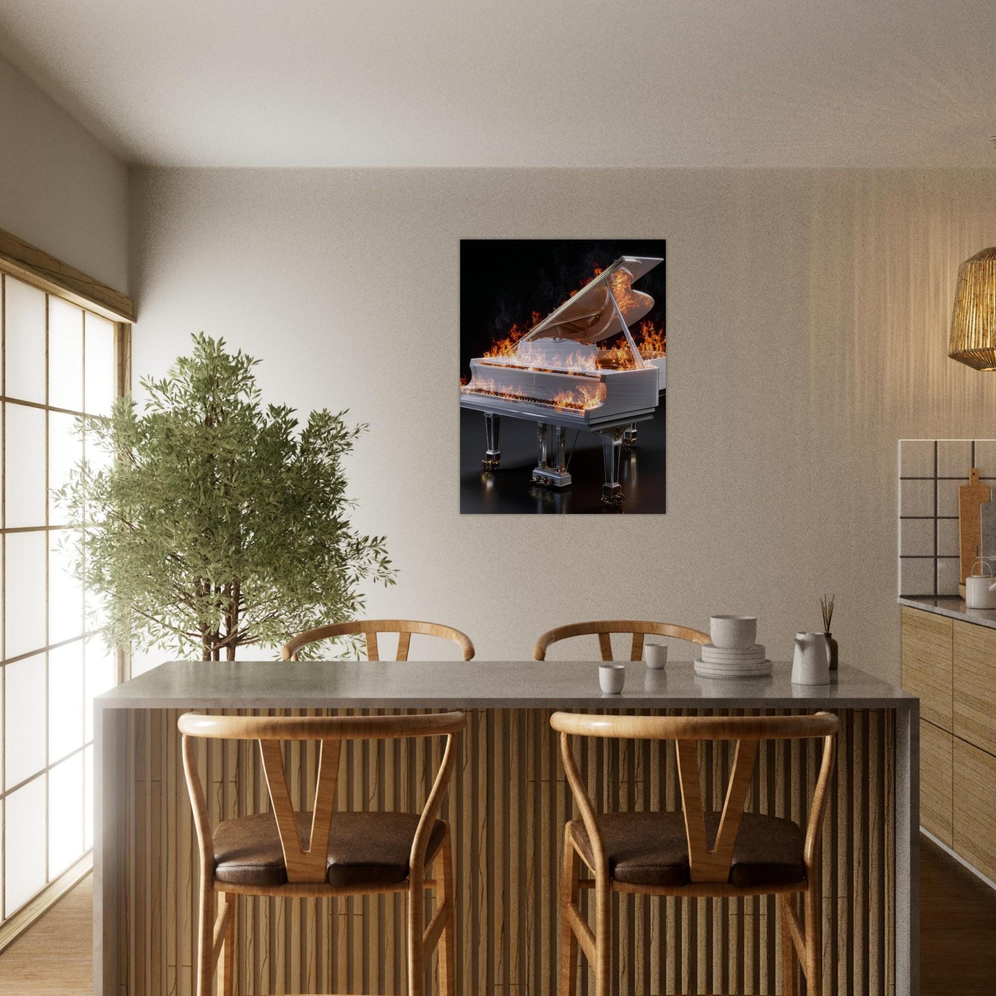 Scorching Keys - Aluminum Print | Fiery Grand Piano Art | The Burning Notes Collection | Modern Industrial Decor | Unique Wall Art Gift