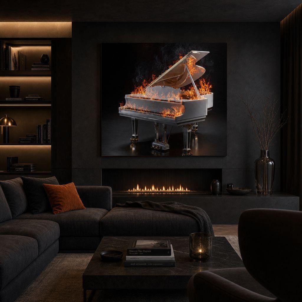 Scorching Keys - Aluminum Print | Fiery Grand Piano Art | The Burning Notes Collection | Modern Industrial Decor | Unique Wall Art Gift