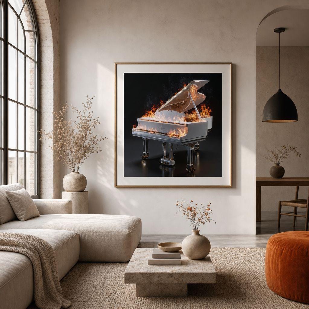 Scorching Keys - Aluminum Print | Fiery Grand Piano Art | The Burning Notes Collection | Modern Industrial Decor | Unique Wall Art Gift