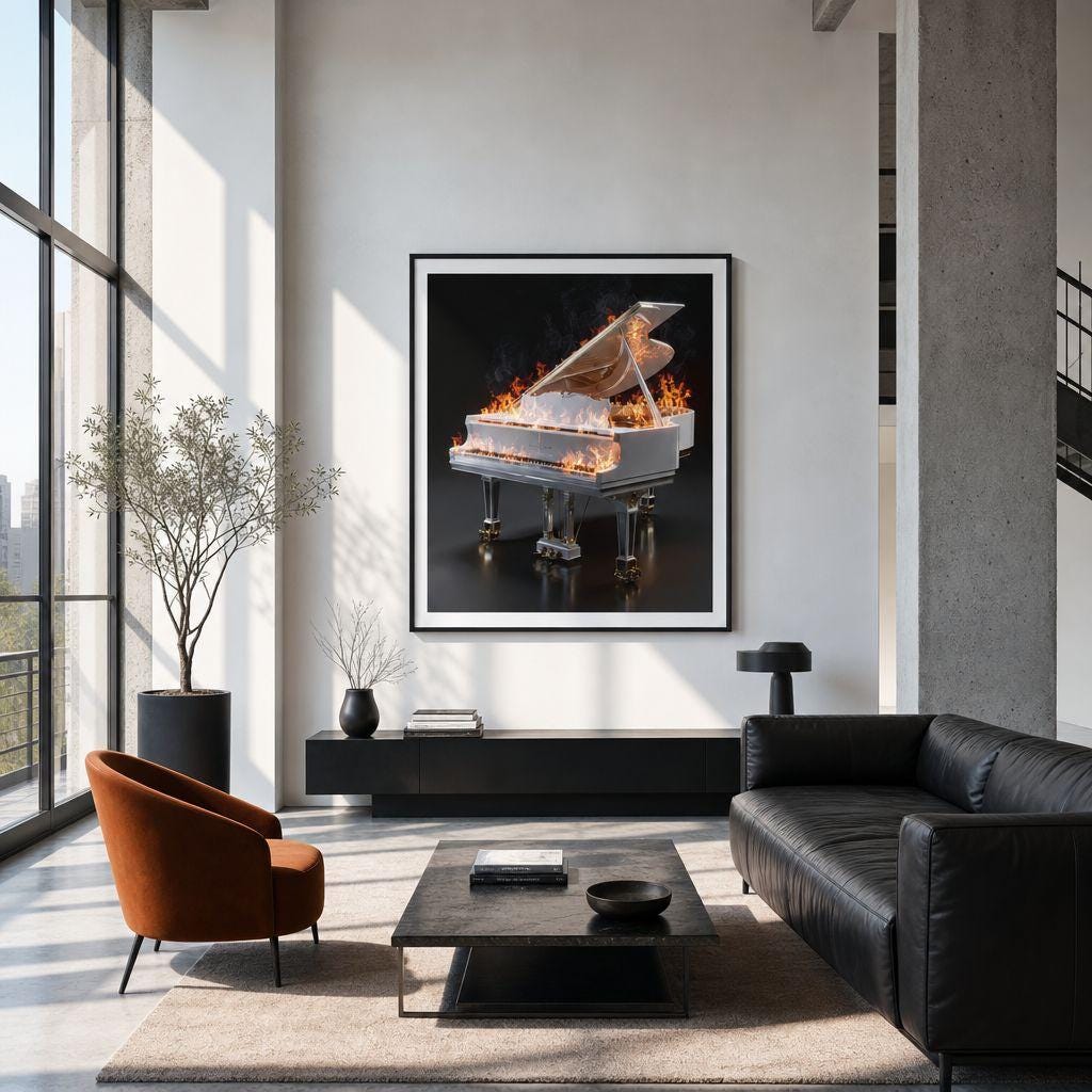 Scorching Keys - Aluminum Print | Fiery Grand Piano Art | The Burning Notes Collection | Modern Industrial Decor | Unique Wall Art Gift