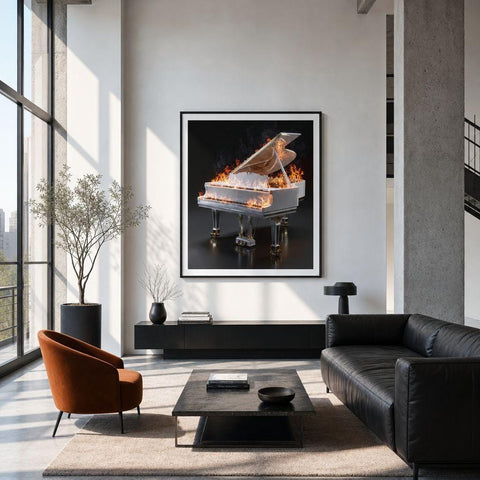 Scorching Keys - Aluminum Print | Fiery Grand Piano Art | The Burning Notes Collection | Modern Industrial Decor | Unique Wall Art Gift