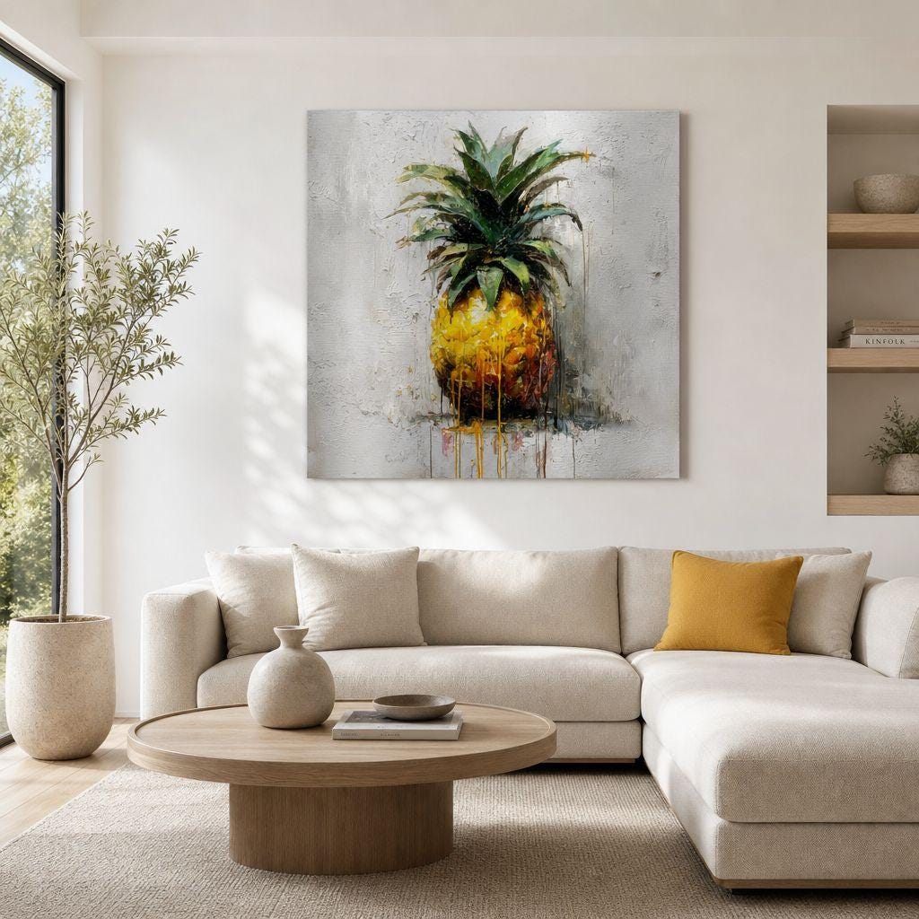 Industrial Orchard: Tropical Pineapple Drip Art on Aluminum Print | Modern Kitchen Art | Brushed Silver Wall Decor | Contemporary Fruit Art