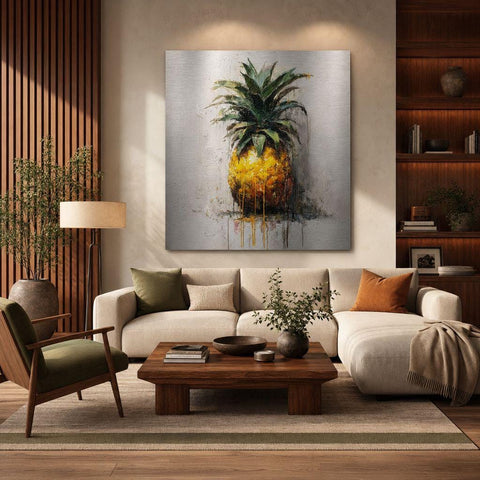 Industrial Orchard: Tropical Pineapple Drip Art on Aluminum Print | Modern Kitchen Art | Brushed Silver Wall Decor | Contemporary Fruit Art