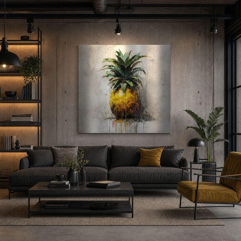 Industrial Orchard: Tropical Pineapple Drip Art on Aluminum Print | Modern Kitchen Art | Brushed Silver Wall Decor | Contemporary Fruit Art