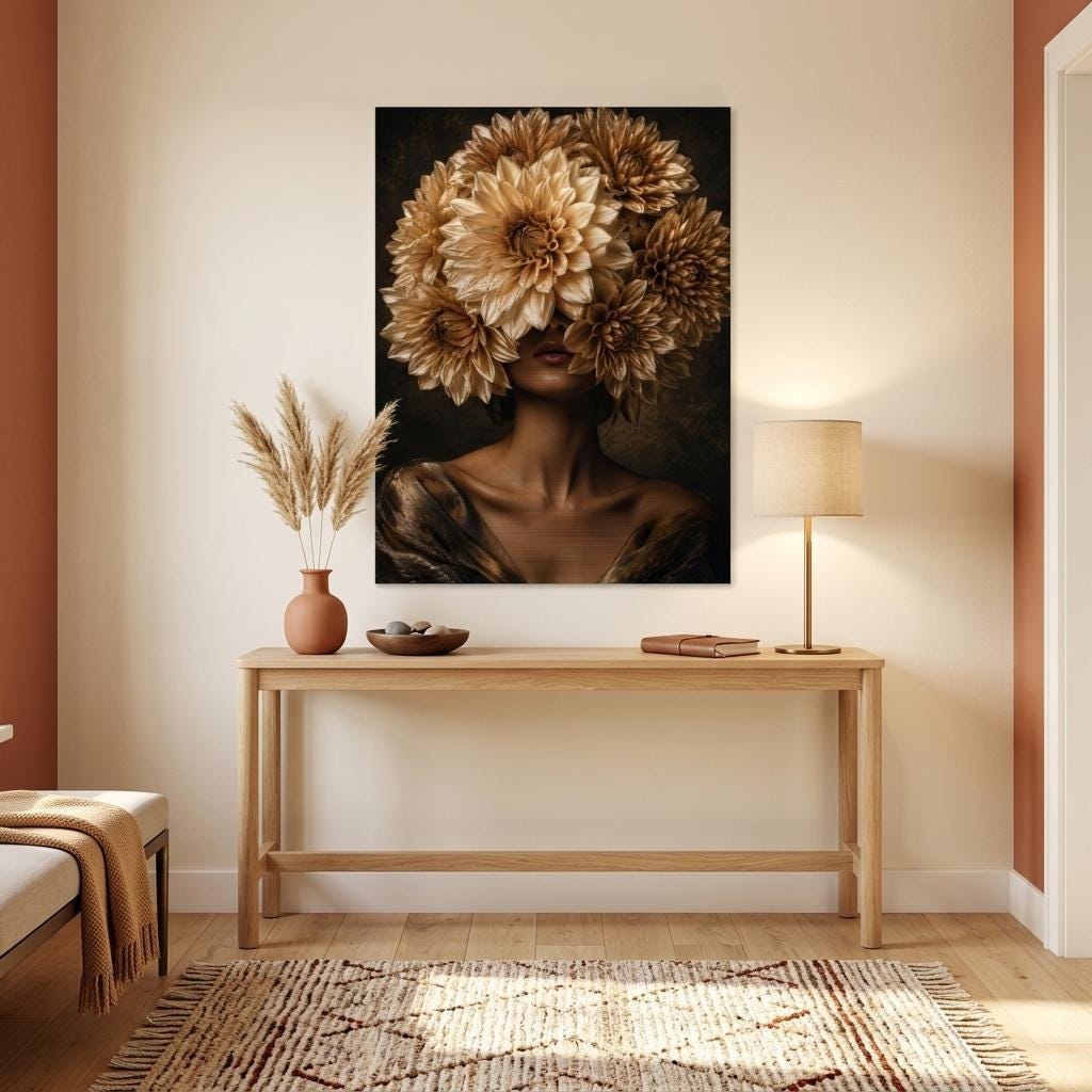 Gilded Bloom Brushed Aluminum Print - Modern Botanical Wall Art Silver Metal Dahlia Decor, Floral Wall Hanging for Contemporary Home