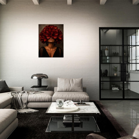 Crimson Bloom Aluminum Print | Avant-Garden Surreal Floral Wall Art | Industrial Metallic Flower Decor | Modern Botanical Statement Piece
