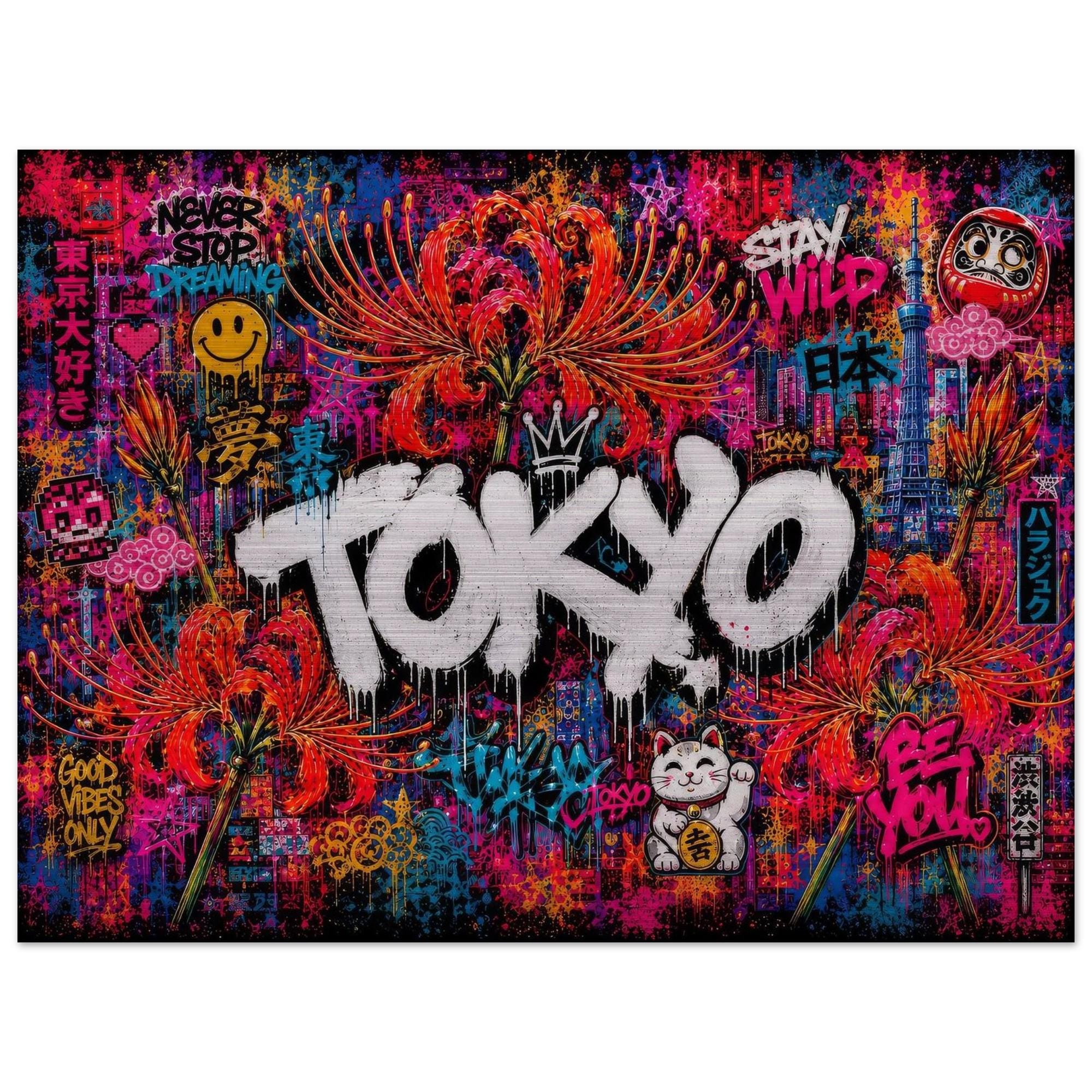 Tokyo Neon Floral Graffiti Aluminum Print | Cyberpunk City Street Art Wall Decor | Futuristic Urban Metallic Wall Art | Modern Industrial