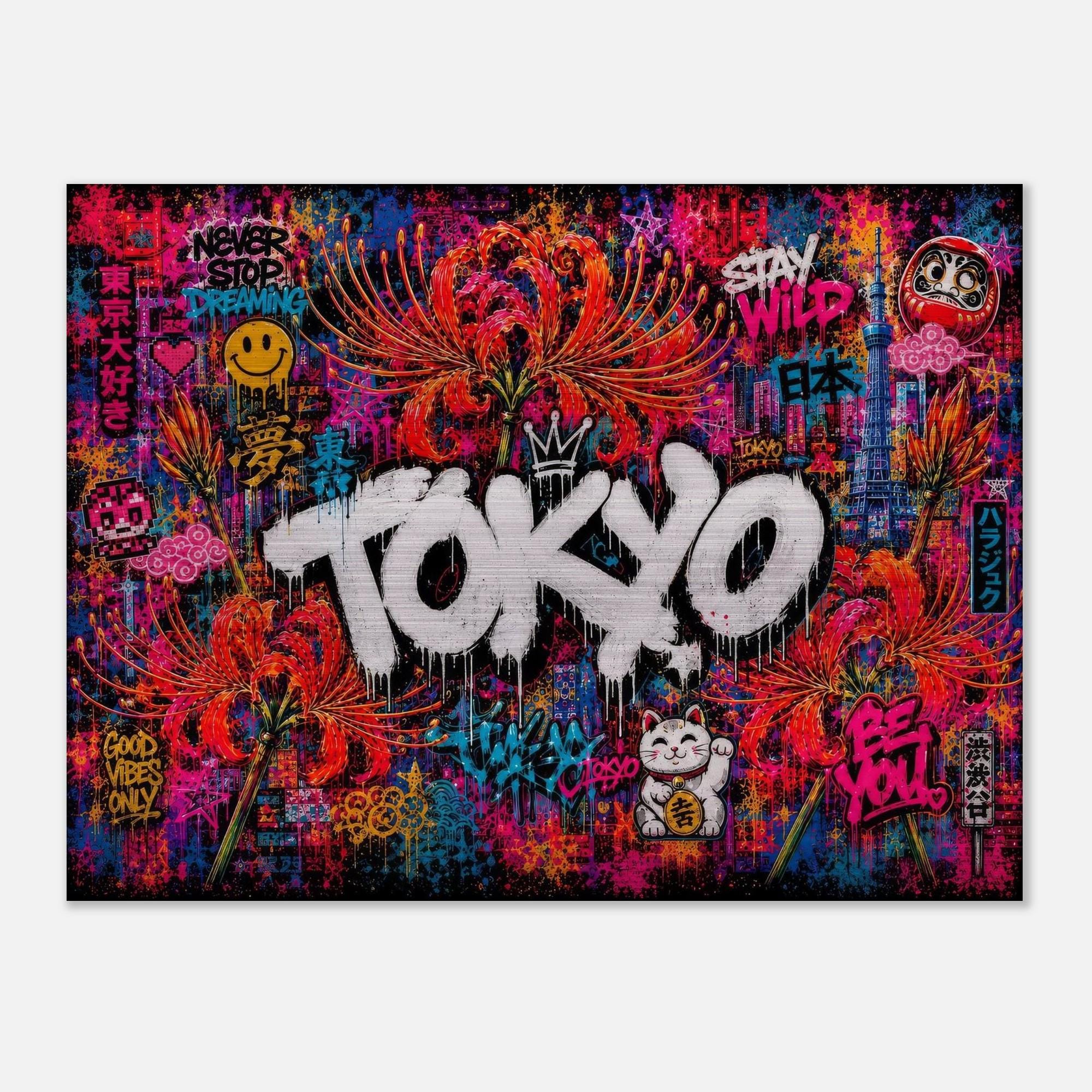 Tokyo Neon Floral Graffiti Aluminum Print | Cyberpunk City Street Art Wall Decor | Futuristic Urban Metallic Wall Art | Modern Industrial
